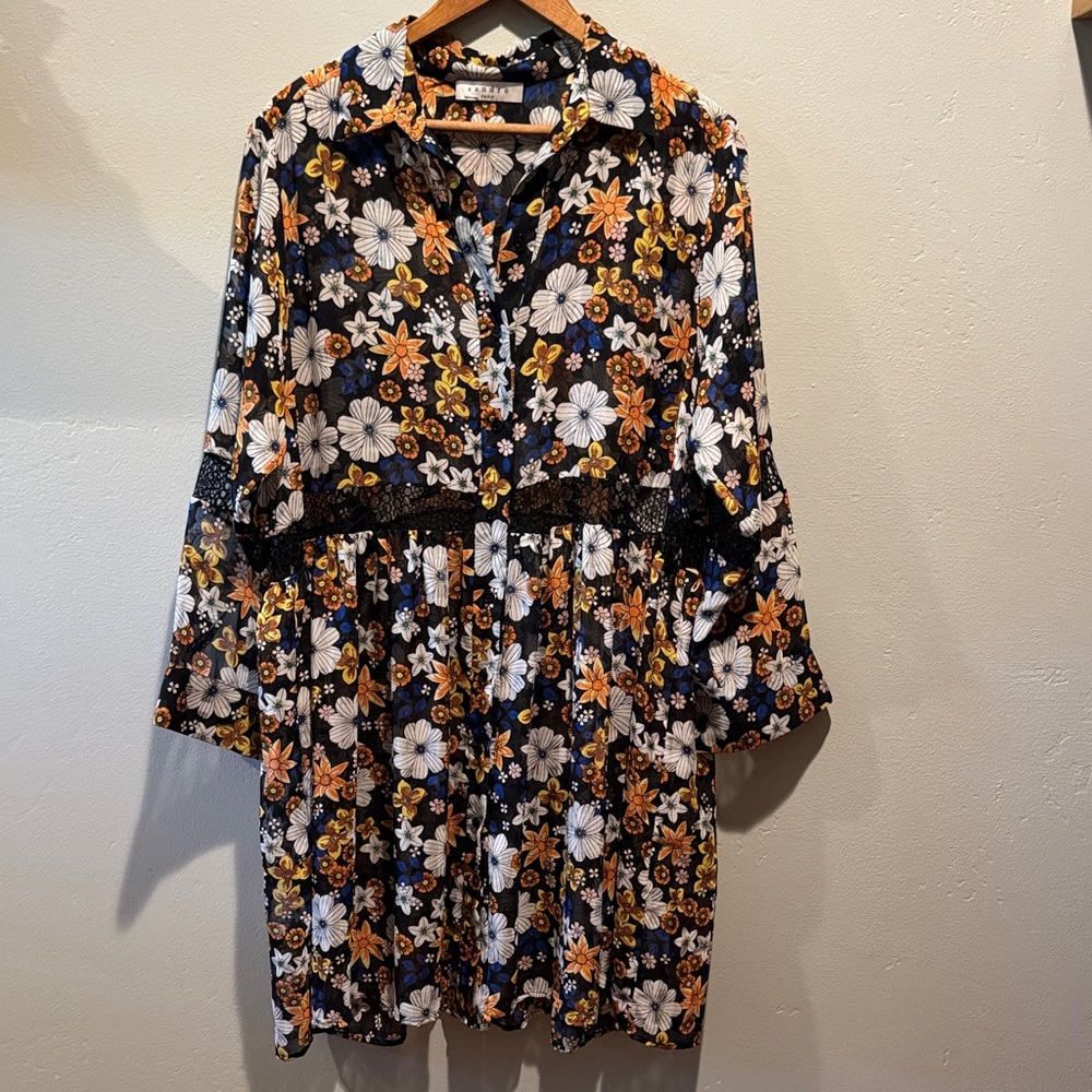 Sandro Paris Reyes Floral Button-Front Sheer Smock Dress in Black & Mustard